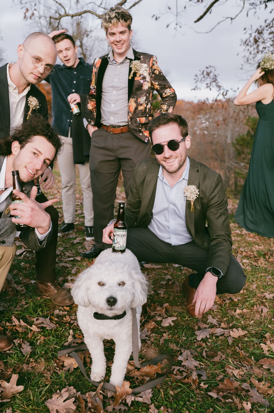 Wedding dog portrait with the party
