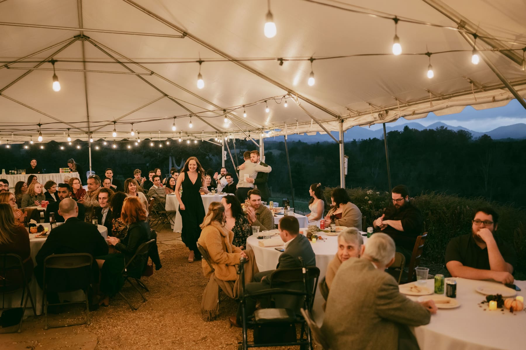 Dinner tent lit for the evening