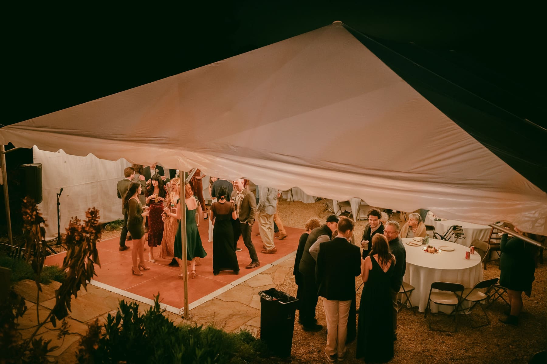 Reception tent exterior at night